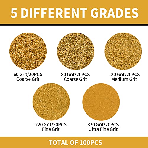 100 Pcs 5-Inch 8-Hole Hook and Loop Sanding Discs, 60/80/120/220/320 Assorted Grits Gold Sandpaper for Woodworking or Automotive 5 Inch Sanding Discs Gold Random Orbital Sander - style: Variety Pack-100 Discs