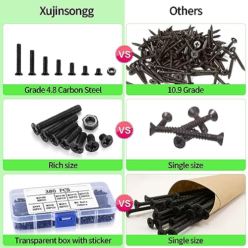 M3 Flat Head Machine Screws and Hex Nuts Kit, 380 Pcs Black Countersunk Head Phillips Screws Bolts Nuts Assortment Kit - M3 x 4mm/ 6mm/ 8mm/ 10mm/ 12mm/ 16mm/ 20mm - size: M3