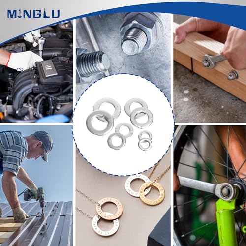 Minglu Washers, 900 Pcs Washers for Screws, 304 Stainless Steel Flat Washers, Flat Washers for Bolts Assortment, Assorted Hardware Lock Metal Washers Kit (9 Sizes-M2 M2.5 M3 M4 M5 M6 M8 M10 M12)