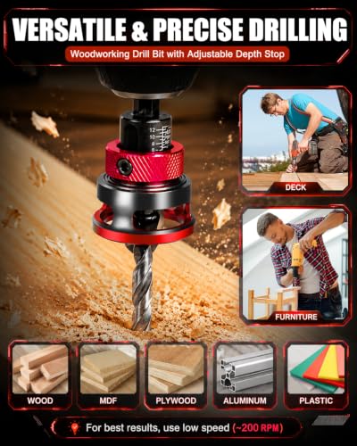 9PCS Countersink Drill Bit Set with Adjustable Depth Stopper - color: Red, size: Standard - Manual Adjustment