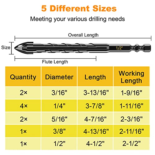 10Pcs Cross-Tip Masonry Drill Bit Set & Concrete Drill Bit Set, 3/16"-1/2" - size: 10 pcs 3/16"-1/2" Masonry Drill Bits