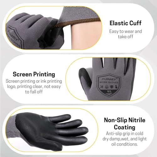 FURWEY Work Gloves,8/30 Pairs Nitrile,24 Pairs PU,Seamless Nylon Knit - color: Black Gray-30pairs, size: Medium