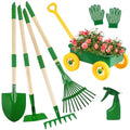 Kids Garden Set with Wheelbarrow, Real Metal Garden Tools for Kids Ages 3+ | Shovel, Rake, Outdoor Backyard Digging Weeds & Yard Play, Birthday Gift for Boys & Girls Age 2 3+ - color: Green&yellow-8pcs