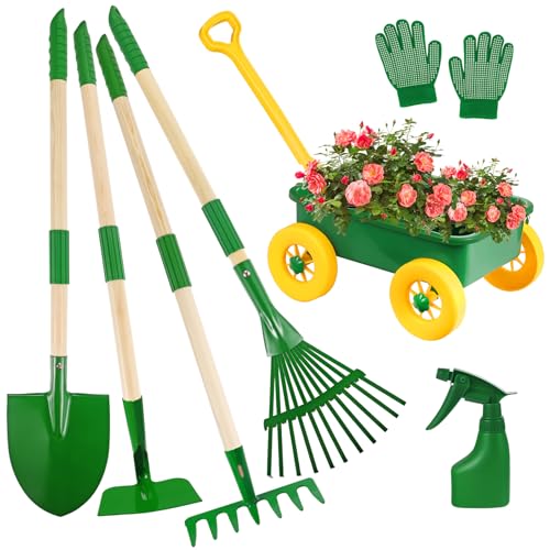 Kids Garden Set with Wheelbarrow, Real Metal Garden Tools for Kids Ages 3+ | Shovel, Rake, Outdoor Backyard Digging Weeds & Yard Play, Birthday Gift for Boys & Girls Age 2 3+ - color: Green&yellow-8pcs