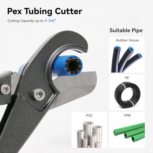 PEX Cinch Clamp Tool Kit - 3/8" to 1" Clamp Tool, Pipe Cutter, 12 Brass PEX Fittings (5 Coupling, 5 Elbow, 2 Tee), 20 * 1/2" + 10 * 3/4" Stainless Clamps