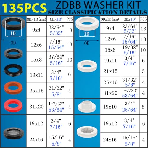 ZDBB 135 Pcs Flat Washer,Silicone and Nitrile Rubber Assortment Kit, Used for Faucet,Shower Head, Garden Hoses, Reusable Flat Washer O Rings - size: OD: 31, 25, 24, 19, 15, 14.5, 11, 9mm