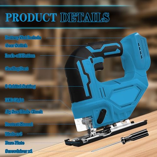 Cordless Jig Saw for Makita 18v Max Battery(Tool Only), Electric Jigsaw Cut Off Tool 400W 2700RPM 45° Beveled Cutting 3 Orbital Setting with 6 Blades for Straight/Curve/Circle Cutting (for Makita) - style: for Makita