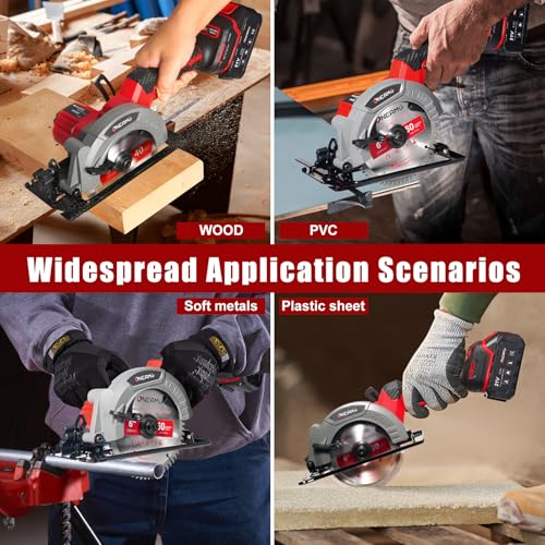 6" Cordless Circular Saw, 21V Compact Wireless Circular Saw, 4.0Ah Battery, 5800RPM, Max Cut 2-1/6" (90°), 1-1/4" (45°),w/40T & 60T Blades,Fast Charger (1Hr),Applicable to Wood,Aluminum & Plastic