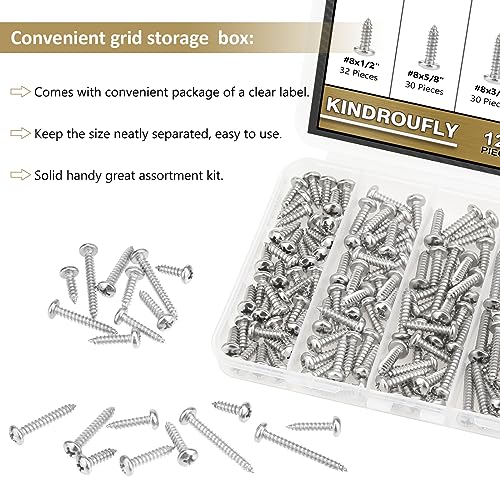 127 Pieces #8 x 1/2" 5/8" 3/4" 1" 1-1/4" Phillips Pan Head Self-Tapping Screws, Wood Screws Assortment Kit, 304 Stainless Steel - size: #8