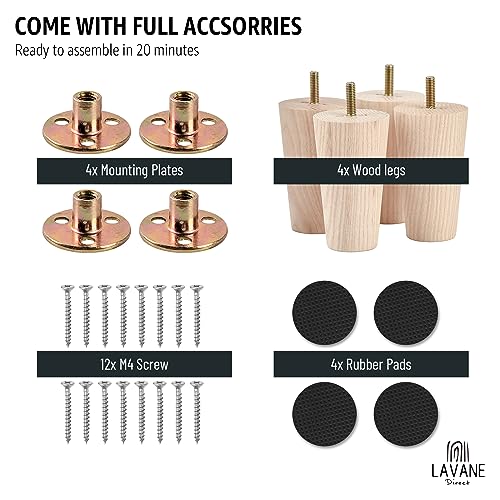 La Vane 4 inch Ash Wood Tapered Furniture Legs 4-Pack with 5/16" Thread | Unfinished Ash Wood with Straight Grain, 400lb Load Capacity, Hardware inclu., Mid-Century Modern, Upgrade for Sofa Cabinet - color: Tapered, size: 4"