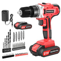 Cordless Drill Set 21v, Power Electric Kit 2 Batteries With Charger 30Nm Red - color: Red1