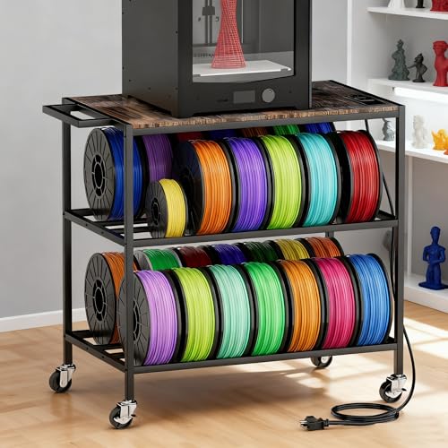 3D Printer Stand with Filament Storage, Heavy Duty Rolling Printer Cart on Wheels with Built-in Power Outlet, Small 3D Printer Table for Organizer Filament Spools, Workshop Office Garage Studios,Brown