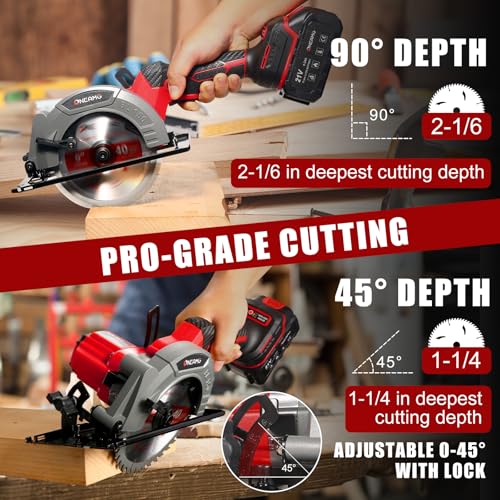6" Cordless Circular Saw, 21V Compact Wireless Circular Saw, 4.0Ah Battery, 5800RPM, Max Cut 2-1/6" (90°), 1-1/4" (45°),w/40T & 60T Blades,Fast Charger (1Hr),Applicable to Wood,Aluminum & Plastic