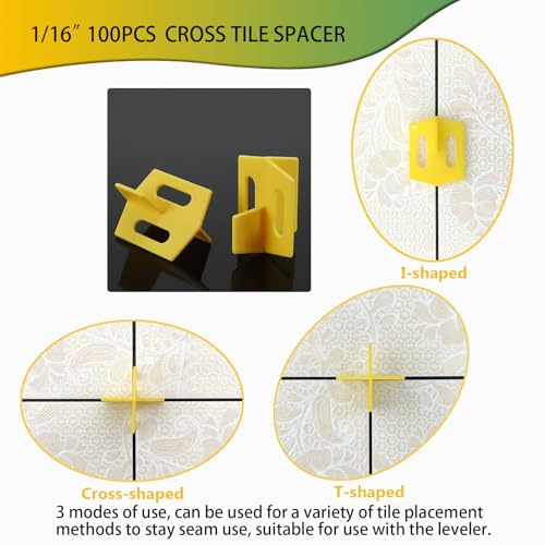 1/16" Tile Leveling System kit, 100pcs Reusable Pro Grade Tile Levelers, 2pcs Wrenches, 100pcs 1.5mm Tile Spacers, 50pcs Replaceable Stainless Steel T-Pin, Wall/Floor Tile Sewing Leveling Tools Set