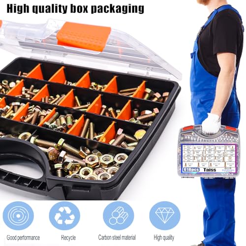 Taiss Grade 8.8 Bolts and Nuts Assortment Kit,1/4-20,5/16-18,3/8-16,1/2-13 Heavy Duty SAE Hex Bolts and Nuts & Flat/Lock Washer Kit,Carbon Steel Zinc Plated,with Handheld Box 618PCS - color: Gold-618PCS