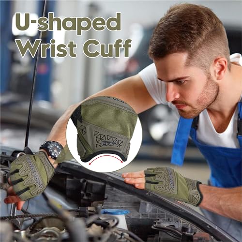 HANDLANDY Tactical Fingerless Impact Gloves for Men, Padded Grip Half Finger Work Gloves, Utility Trucker Driver Gloves (Army Green, Medium (Pack of 1)) - color: Army Green, size: Medium (Pack of 1)