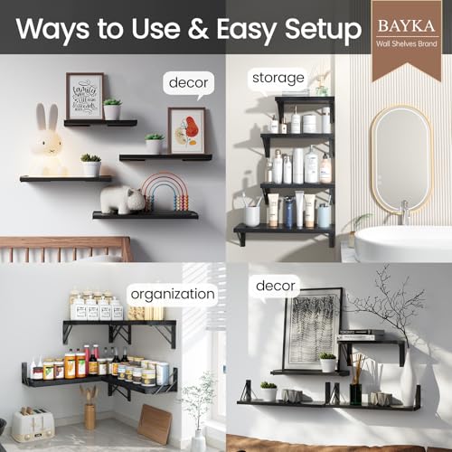 BAYKA Wall Mounted Floating Bathroom Shelves, Wood(Black, Set of 4, 16in) - color: A. Black Board & Black Brackets, size: 16-inch Mixed