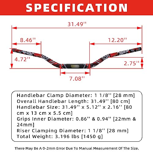 1 1/8" 28mm Motorcycle Handlebar Handle Bars + Riser Mount Clamp + Pad + Grips Set For Dirt Bike Off Road Bike Pit Bike - Red