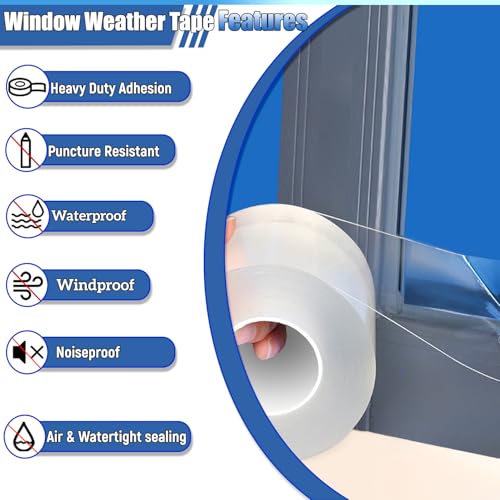 Window Weather Sealing Tape 2 Inch x 33 FT Weather Stripping Residue-Free Clear Window Insulation Caulk Tape for Doors Windows and Shower Glass Gaps Bathroom - size: 2 in x 33 ft x 20 mils