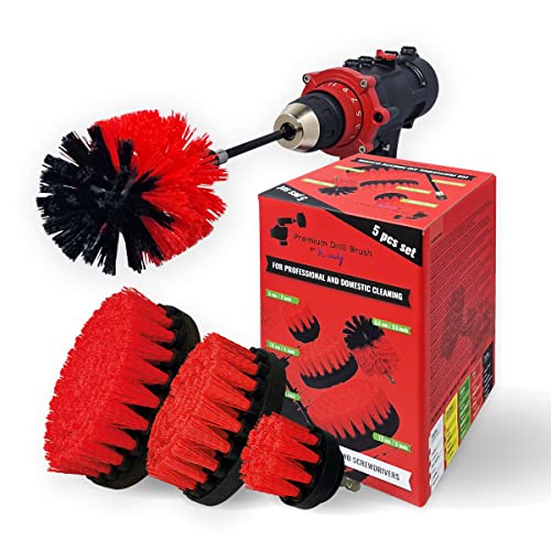 Premium Drill Brush Professional – Stiff 5-Piece Set (5/4/3.5/2 in Brushes + 6 in Extension) | Scratch-Free Heavy-Duty Outdoor Cleaning for Patio, Decking, Garden Tools and Stone Surfaces - color: Red