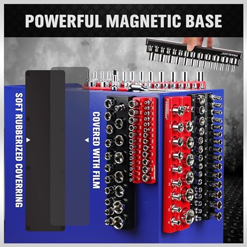 6-piece Magnetic Socket Organizer Set, Metric & SAE Drive Socket Holder, Includes 1/4", 3/8", 1/2", Holds 143 Pieces Magnetic Trays Red Black - style: 6PCS Red/Black