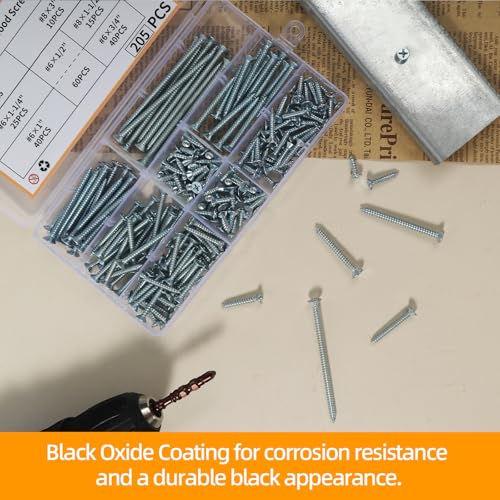 205-Piece Screw Assortment Kit, Phillips and Flat Head Wood Screws Drywall Screws Multi-Size for Home Repair DIY