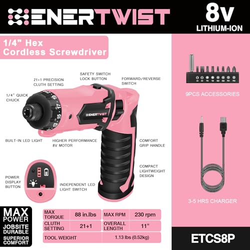 Enertwist Electric Screwdriver, 8V Max 10Nm Pink Cordless Screwdriver Rechargeable Set with 9 Accessory Kit, 21+1 Cluth, Dual Position Handle, LED Light - style: 9PCS 8V PINK