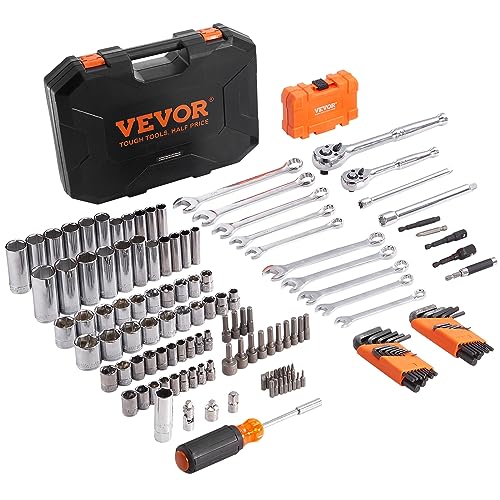 VEVOR Mechanics Tool Set and Socket Set, 1/4" and 3/8" Drive Deep and Standard Sockets, 145 Pcs SAE and Metric Mechanic Tool Kit with Bits, Combination Wrench, Hex Wrenches, Accessories, Storage Case - size: 145-PCS
