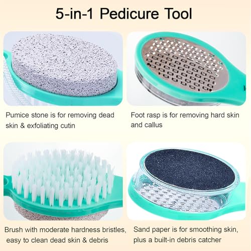 Foot File Callus Remover 5-in-1, 2 Pcs Feet Scraper Pedicure Tools with Pumice Stone, Scrubber Brush, Stainless Steel Foot Rasp and Sand Paper Debris Catcher, Multi Purpose, Cyan - color: Cyan Cyan