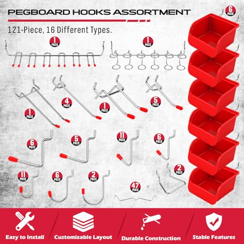 Ultimate 121-Piece Pegboard Hooks Set, Pegboard Accessories with Metal Hooks, Durable Peg Board Organizer Accessories, Pegboard Bins, Peg Board Tool Utility Hooks - color: 121 pcs - Red