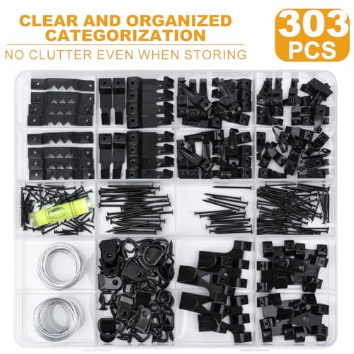 KURUI 303Pcs Picture Hangers for Wall Art Decor Tapestry, Picture Hanging Kit With Heavy Duty Wall Hooks, Sawtooth, Picture Wire, D Rings, Hardware Nails, Eye Hooks, Black Frame Hooks for Drywall Wood - size: Black