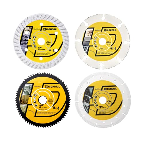 HIGHDRIL 3" 75mm Circular Saw Blade Set 4pcs - Diamond/HSS/Carbide Cutting Disc for Angle Grinder Cutting Concrete Metal Wood Plastic - size: MIX 3