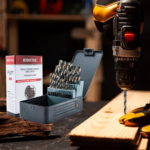 HIDOTOL Drill Bit Set 29Pcs, 135 Degree Tip High Speed Steel with Black and Gold Finish, Stainless Steel, Plastic and Wood with Metal Indexed Storage Case 1/16"-1/2" - size: Black Gold 29 PCS