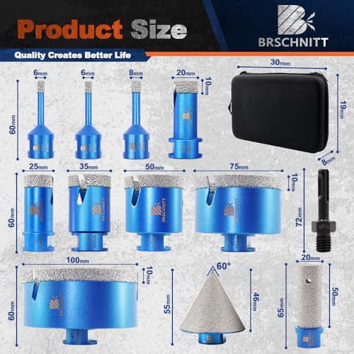 Diamond Core Drill Bit Set - 6/6/8/20/25/35/50/75/100mm Tile Hole Saw Kit for Porcelain Tile Ceramic Marble Granite 4/5”&2“Finger Chamfer Bit