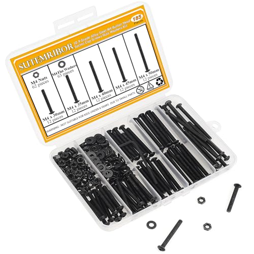 185 Pieces M4 x 30/35/40/45/50mm Button Head Socket Cap Screws Nuts Washers Set Black, Sutemribor M4 Long Screws, M4 Black Screws Nuts Washers Assortment Kit, 10.9 Grade Alloy Steel, Fully Threaded - size: M4 x 30/35/40/45/50mm Kit, style: Button Head