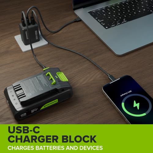 GREENWORKS 24V 1/2” Brushless Cordless Drill (400 In-lbs.) + 6.5” Circular Saw (4,800 RPM), (2) 2.0Ah (12,000mAh Power Bank) USB-C Batteries, Braided Cable, 65W Rapid Charger - size: 2PCS Combo Kits(New)
