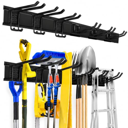 Garage Tool Organizer Wall Mount, Heavy Duty 48 Inch Garage Storage System with Adjustable Hooks, Garden Tool Rack for Shovel Rake Broom Snowboard Shed Organization - size: 48" Alloy Steel