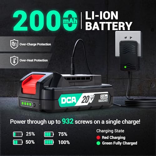 DCA 20V Brushless Hammer Drill Cordless, 492 in-lb Torque Impact Drill, 1/2" All-Metal Keyless Chuck,18+1+1, (0-450/0-1800RPM), 27000 IPM, Compact Design with 2.0Ah Battery & Charger,ADJZ2055i - style: 492 In-lb hammer drill