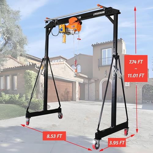 Electrical Gantry Crane 2000 LBS - 8.53 FT Wide，Adjustatable Crane with Electrical Hoist, Garage Crane 1T with Manual Hoist, Trolley, Scale, Sling, Shackle, Hook, Hammerlock Coupling (8.5 FT Width)