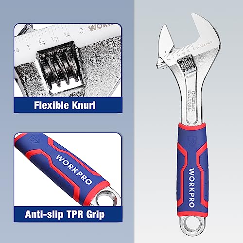 WORKPRO 10-Inch Adjustable Wrench, Wide Jaw, Metric/SAE Scales | Rubber Anti-Slip Grip, Premium Cr-V Steel, Chrome-Plated Finish for Strength and Corrosion Resistance - size: 10 inch