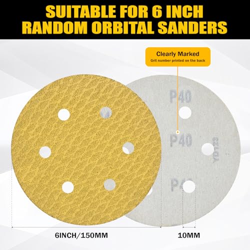 80Pcs 6 Inch 6-Hole Hook&Loop Sanding Discs, 100 Grit Diamond Yellow Sand, Dust-Free/Wear-Resistant, Latex Paper Base (No Fray), 135G Backing for Wood/Metal/Auto, DIY & Pros - style: 6inch-6Hole