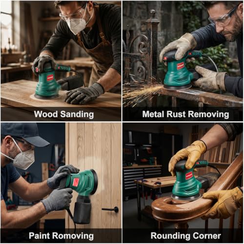 HYCHIKA 5-Inch Orbital Sander with Upgraded Vacuum Dust Collector, 300W Motor 6000-13000 OPM 6 Variable Speeds with10 Pcs Sandpapers for Furnitur, Refinishing & DIY