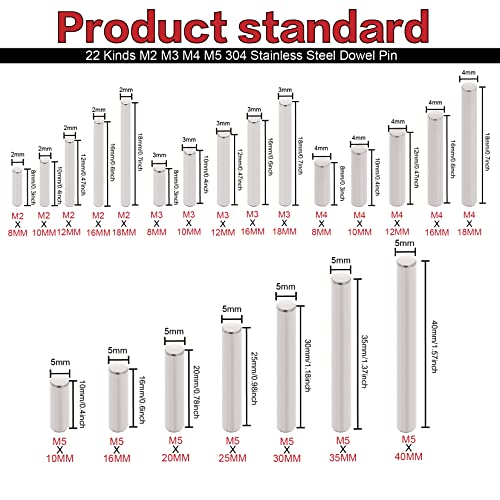 220Pcs 304SS Dowel Pin Assortment Kit M2-M5 Shelf Support Pins - size: M2/M3/M4/M5