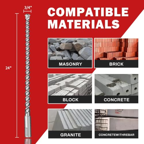 3/4" x 24" SDS Max Cross-Tip Rotary Hammer Drill Bit with Storage Tube – Heavy Duty Concrete Drill Bit for Masonry, Brick, and Stone, Upgraded Heat-Treated Carbide Head for Durability - size: 3/4" x 24"