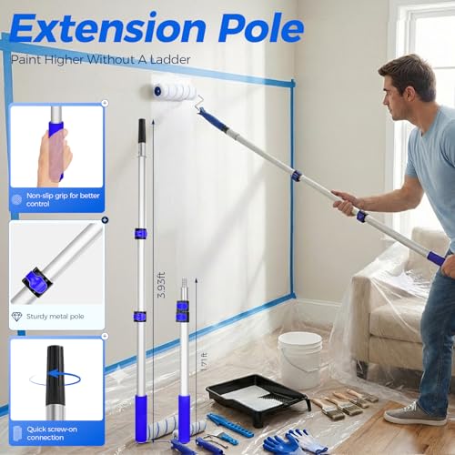 Paint Roller Kit with 3.93Ft Extension Pole for Walls and Ceilings, 30Pcs House Painting Supplies Set with 9”, 6” & 4” Microfiber Rollers,Paint Tray,Liners,Brushes and Gloves for Home Renovation