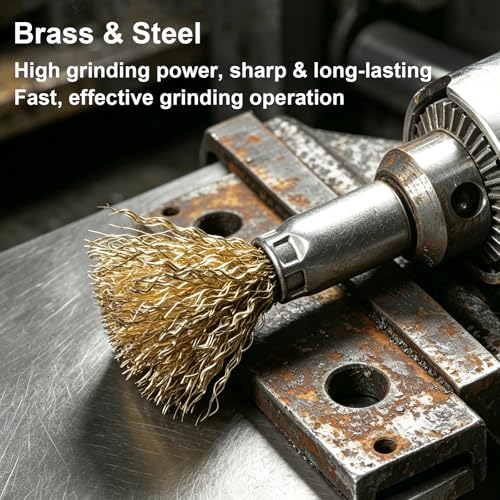 Brass Coated Wire Brush Set for Drill, 1/4 Inch Shank,Crimped Carbon Steel Bristles for Rust Removal, Paint Stripping, Corrosion Cleaning, Surface Scrubbing, Deburring (10mm,20pcs) - size: 10mm,20pcs