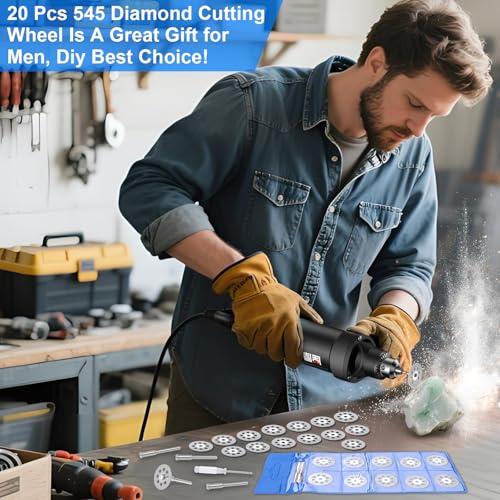 20 PCS Professional 545 Diamond Cutting Discs，Diamond Cutting Wheel Kit for Dremel Rotary Tools | 22mm Blades + 4 Mandrels & Screwdriver