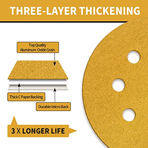 100 Pcs 5 Inch Sanding Discs Hook and Loop, 120 Grit Sandpaper for Woodworking or Automotive, 8 Hole Gold Premium Dustless Random Orbit Sandpaper - style: 120 Grit-100 Discs