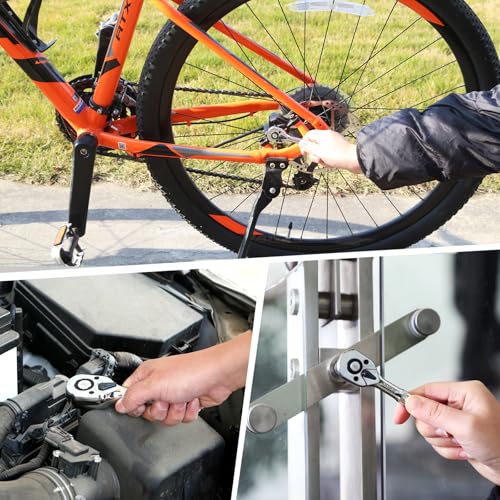 DISEN 3-Piece Stubby Ratchet Set – 1/4", 3/8", 1/2" Drive | 100-Tooth Ratchet with EVA Storage Tray | Quick Release Button | Non-Slip Grip | Reversible 3.6° Design for Tight Spaces, Chrome Finish - size: 1/4''+3/8''+1/2'' Set, style: 100T Stubby Ratchet S