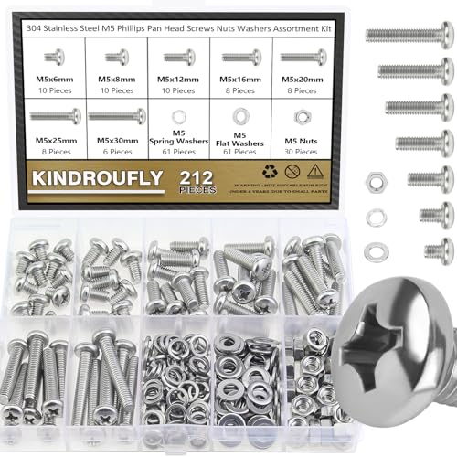 212 Pieces M5 x 6/8 /12/16 /20/25 /30mm Phillips Pan Head Machine Screws Nuts Washers Assortment Kit, 304 Stainless Steel, Fully Machine Thread - size: M5, style: Phillips Pan Head